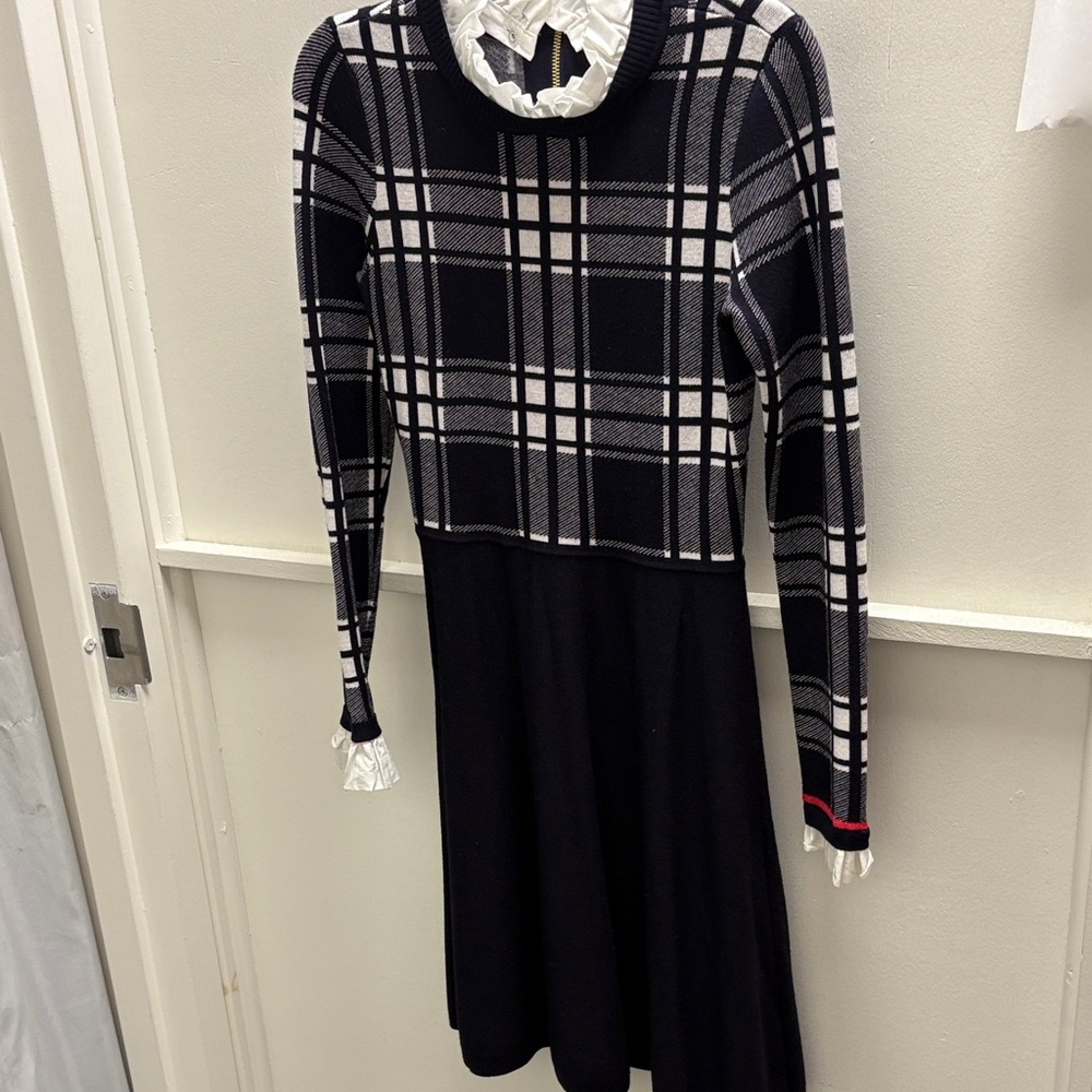 1901 Navy and White Plaid Long Sleeve Knot Dress